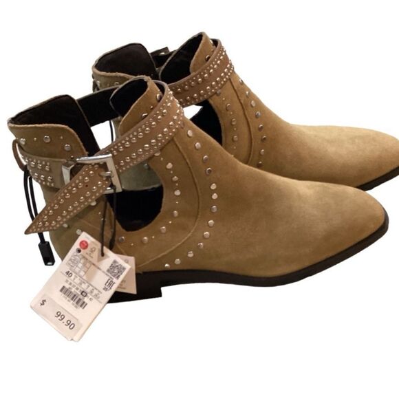 NWT Zara studded leather suede cutout ankle boots size 9 - Picture 8 of 11
